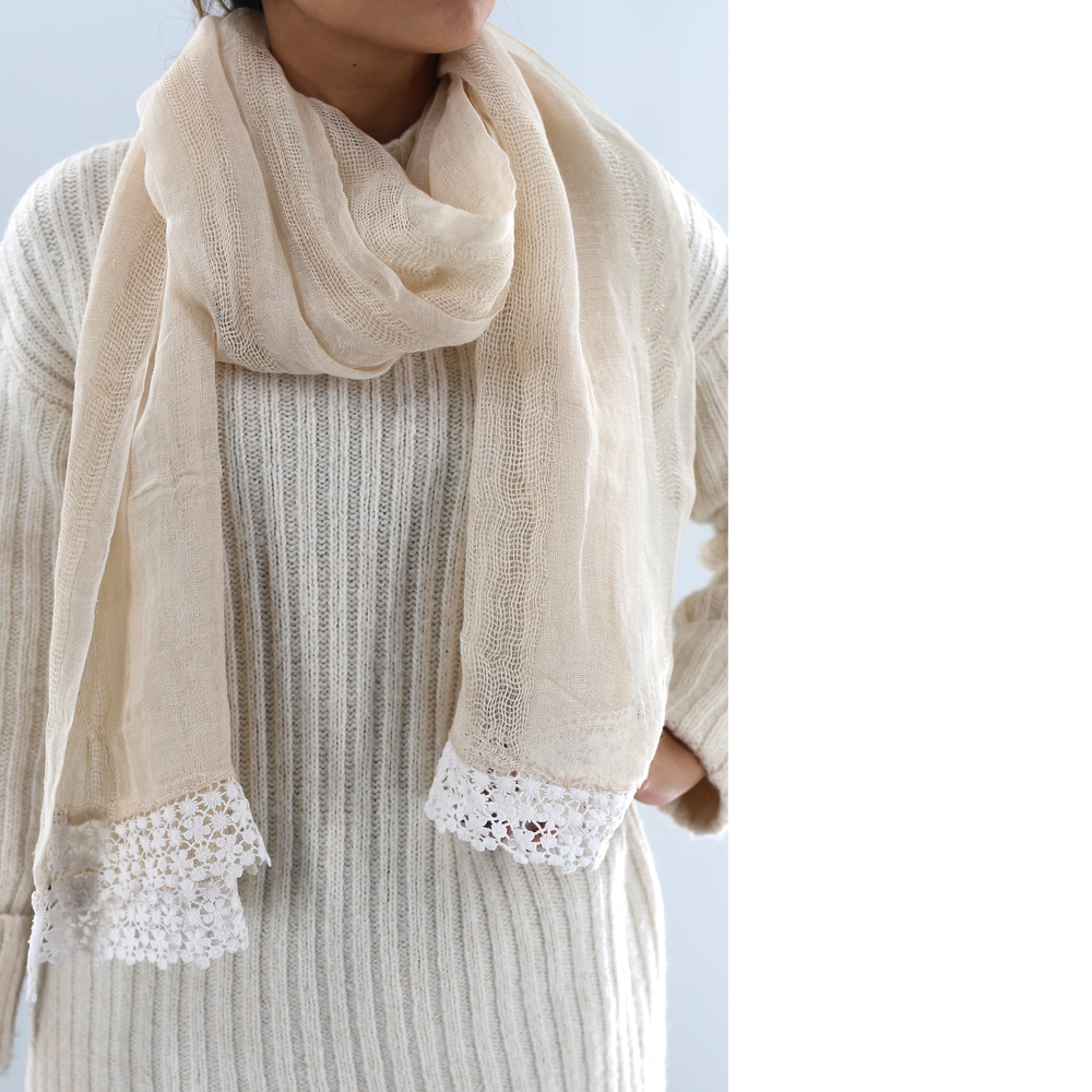 La Fiorentina Stylish Linen Scarf with Lace - Beige